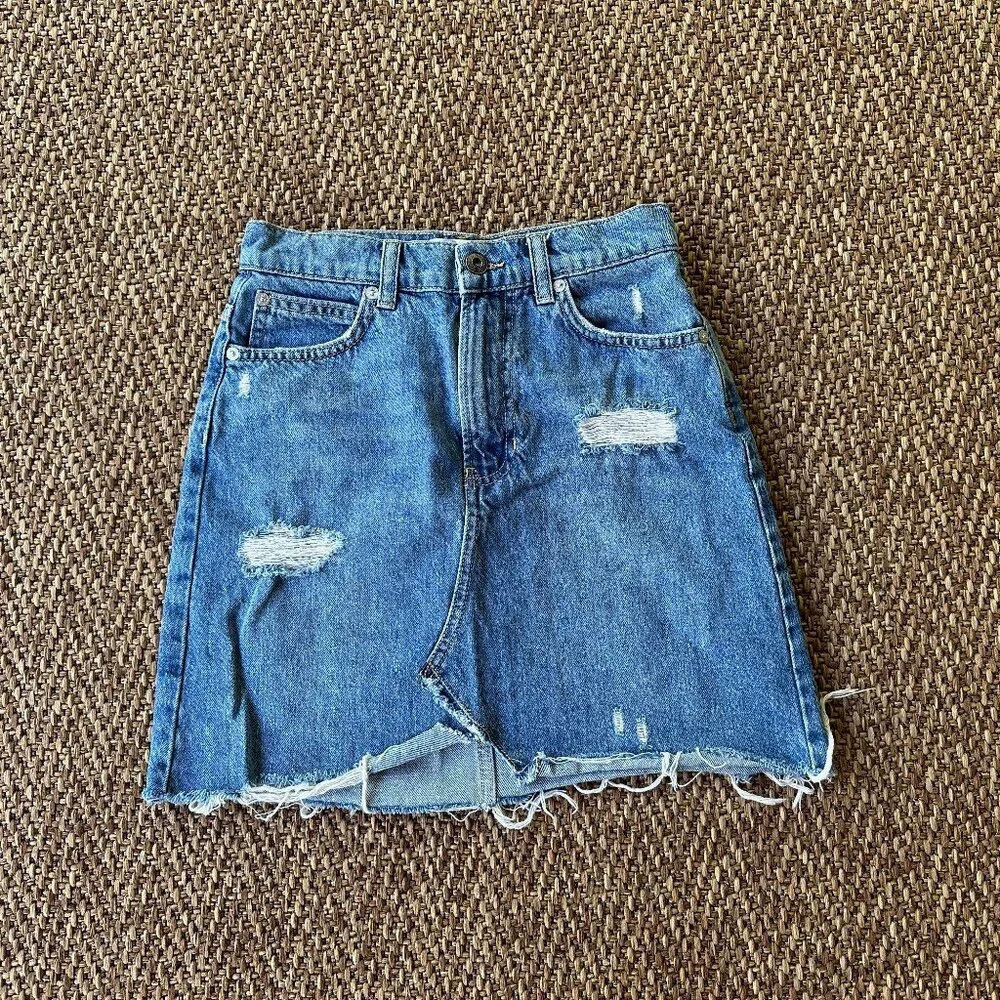 We The Free / Free People Mini Skirt Size 24 Cut Off Raw Hem Blue Denim